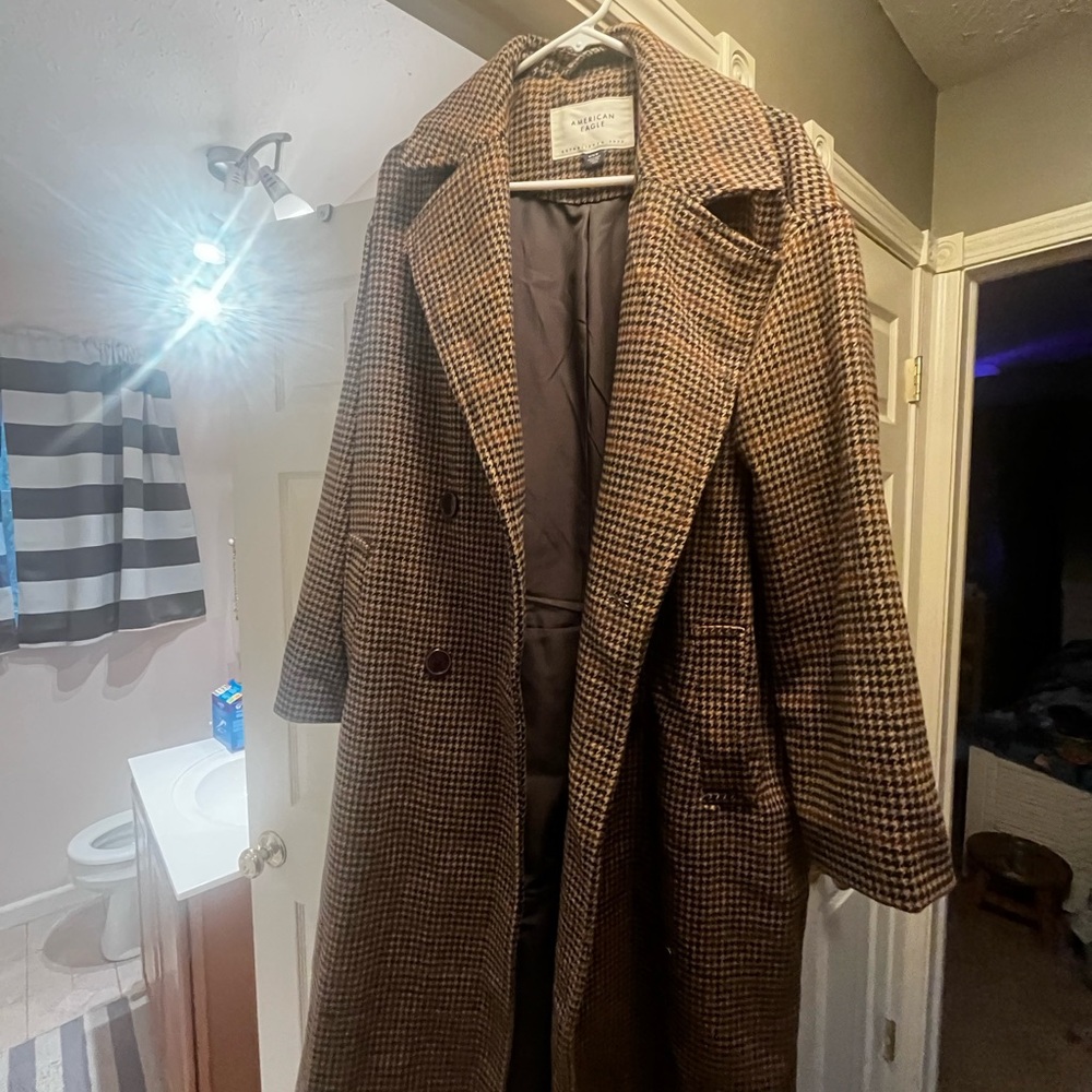 American Eagle Outfitters Brown Check Wool Blend Trench Coat - Picture 2 of 3